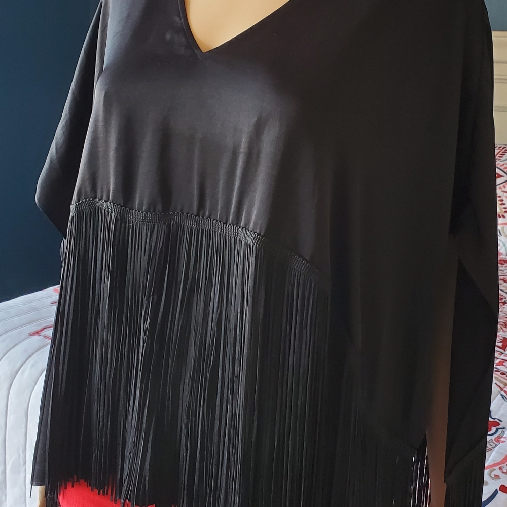 BCBG MAXAZRIA Black Fringe Top/Poncho SZ Xsm NWT - Picture 12 of 14